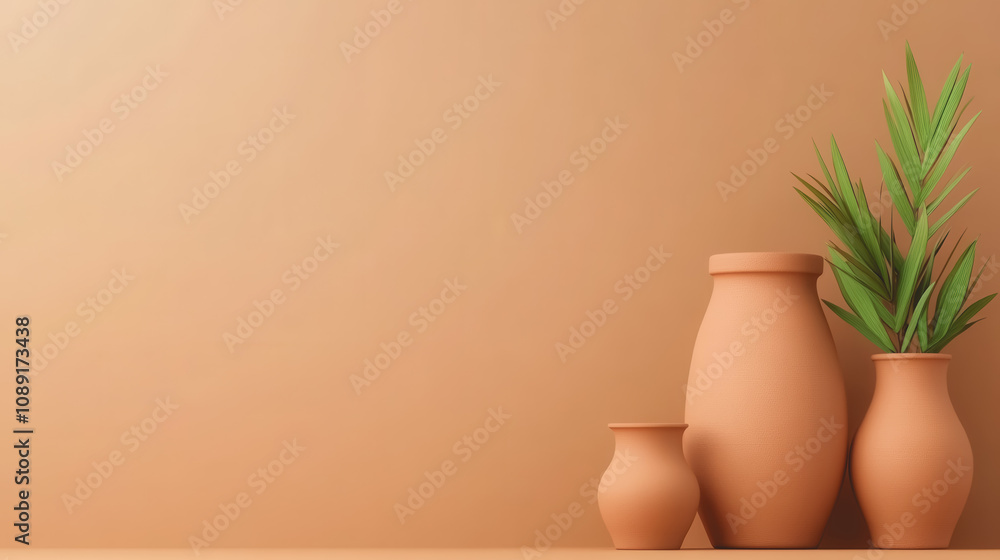 Poster elegant arrangement of handmade clay vases with greenery on a smooth gradient background highlightin