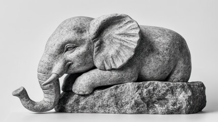 A stone sculpture of a resting elephant, showcasing intricate details and textures.