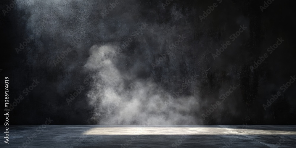 Poster dark and moody empty room with smoke rising creating a dramatic ethereal scene on concrete backgroun