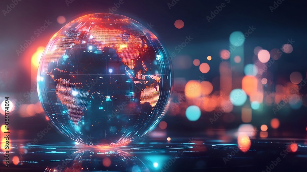 Poster holographic globe visualizing global resource allocation for remote teams