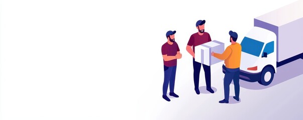 deliveryshipment local concept. Three delivery personnel are engaged in a package handover outside a delivery truck, showcasing teamwork and logistics.