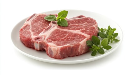 Fototapeta premium Two raw pork chops on a plate, garnished with fresh herbs.