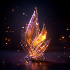 An abstract, high-detail glass 3D shape with holographic colors; warm, vibrant tones create an enchanting, dreamy feel with light shining off each angle