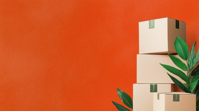 deliveryshipment local concept. A stack of cardboard boxes beside green leaves against a vibrant orange wall creates a lively and modern aesthetic.
