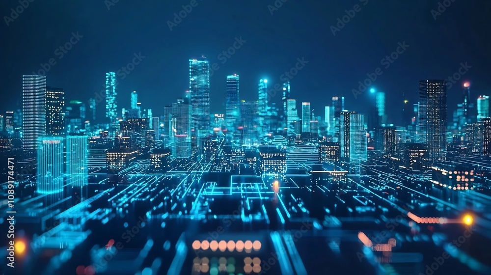 Poster futuristic digital city powered by glowing ai driven resource networks