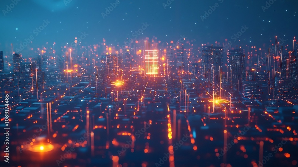 Poster digitally optimized futuristic metropolis powered by intelligent resource management networks