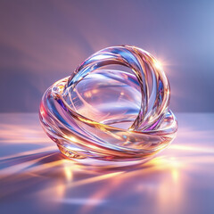 Abstract 3D glass shape with holographic effects, vibrant colors, and a warm glow; detailed and enchanting design, with light reflections adding depth and richness.