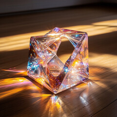 An abstract, high-detail glass 3D shape with holographic colors; warm, vibrant tones create an enchanting, dreamy feel with light shining off each angle