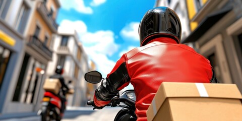 deliveryshipment local concept. A vibrant urban scene featuring delivery riders on motorcycles, carrying packages along a lively street under a clear blue sky.