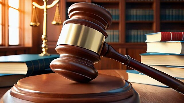Gavel on wooden soundblock, books & scales in library.