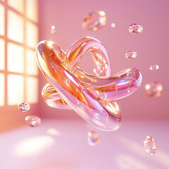 Floating holographic glass shape in an abstract 3D style, with rich, warm colors; high detail and vibrant hues create an enchanting visual with soft, immersive light play.