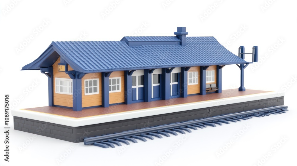 Poster A model train station with a platform and tracks, designed for display or play.