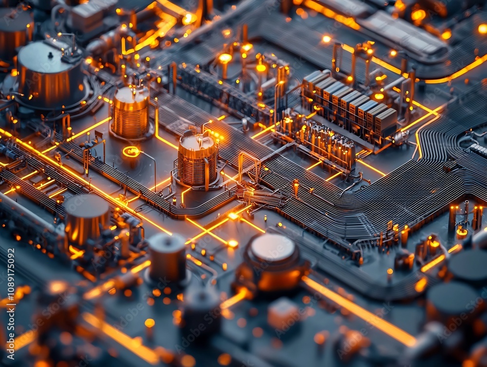 Poster glowing 3d supply chain model visualizing real time flow of goods materials and labor resources
