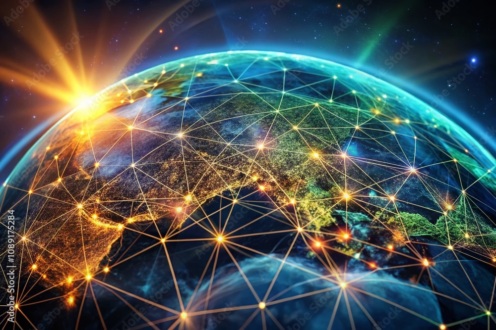 Poster digital earth with glowing connections illustrating global networks and technology on a dark gradien