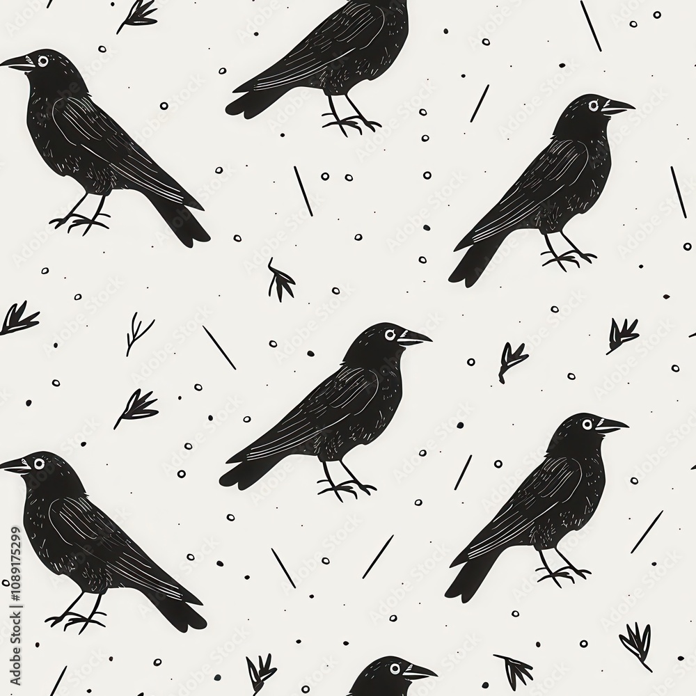 Poster seamless minimal pattern featuring black crows and abstract shapes ideal for fabric design or print 