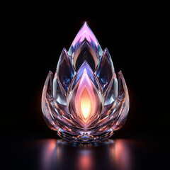 Intricate glass and holographic abstract 3D shape with vibrant, warm colors; highly detailed design with glowing reflections that enhance an enchanting, ethereal look.

