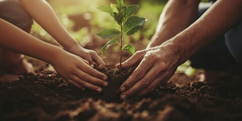 Fototapeta premium Family planting a tree together in their backyard, teaching sustainability and togetherness,