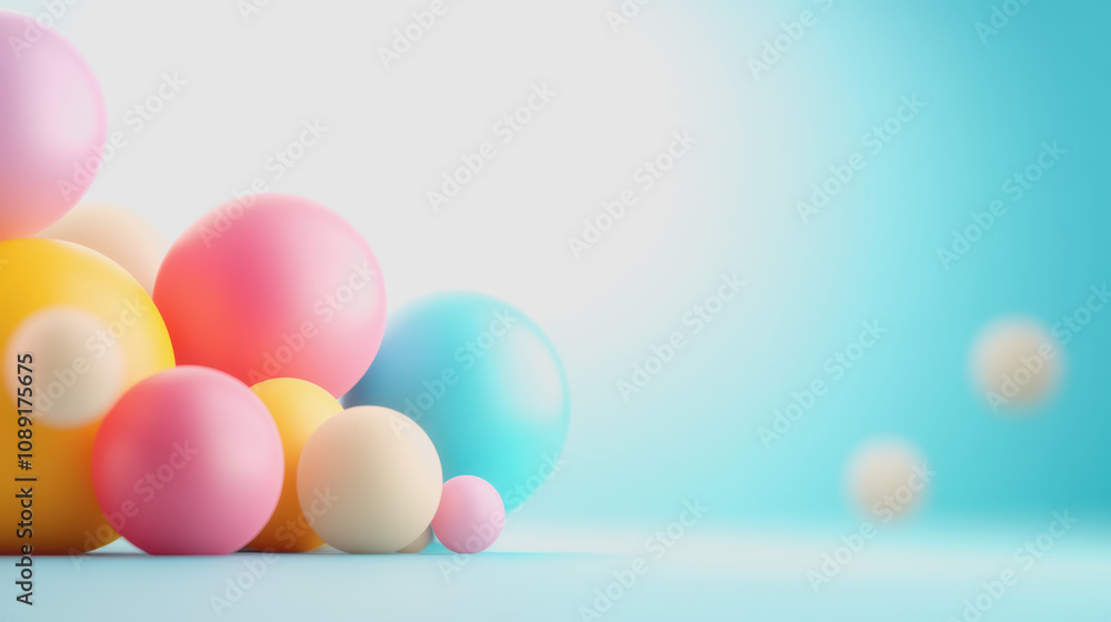 Poster vibrant collection of colorful 3d spheres arranged in a dynamic composition over a soft gradient bac