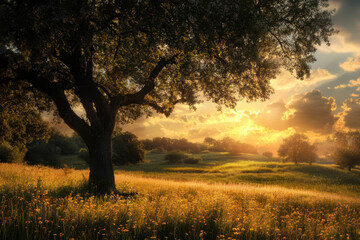 Majestic oak tree in a sunlit meadow, bathed in the golden glow of a breathtaking sunset, creating a serene and peaceful landscape scene.