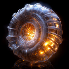 Intricate glass and holographic abstract 3D shape with vibrant, warm colors; highly detailed design with glowing reflections that enhance an enchanting, ethereal look.