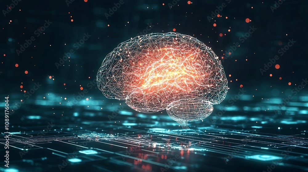 Poster glowing digital brain symbolizing the merging of human intelligence and machine learning