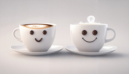 Fototapeta premium Two white ceramic mugs with drawings of smiling faces. Minimalistic cozy design, romantic atmosphere, friendly meeting.
