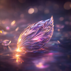 A high-detail 3D render of an abstract holographic glass shape, with vibrant, rich colors and soft light reflections; warm and enchanting atmosphere, capturing a mesmerizing visual effect