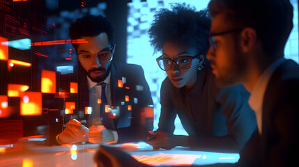 A diverse group of coworkers brainstorming, with sharp 3D figures and 2D visualizations of their ideas hovering around. 4k resolution, Cinematic Scene