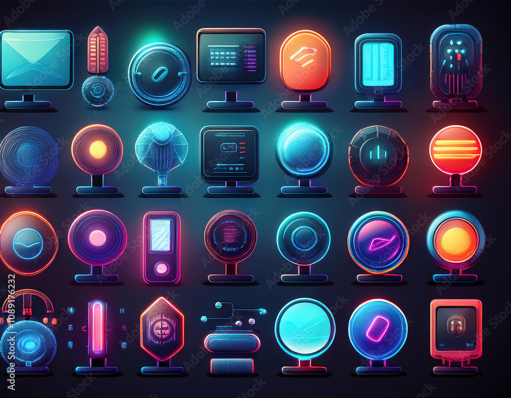 Poster a set of colorful, futuristic, sci-fi ui elements and buttons