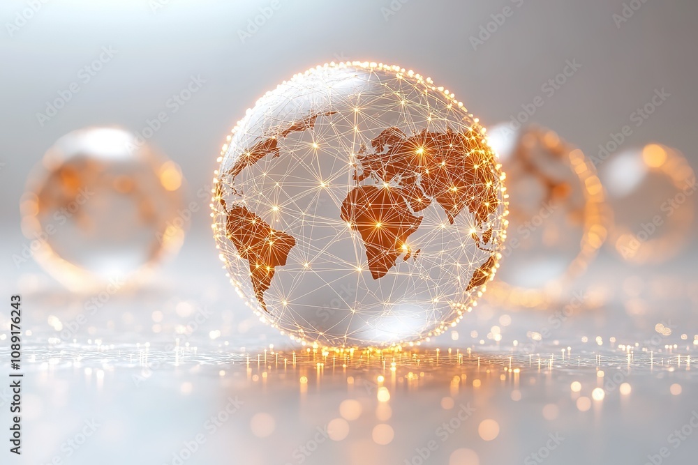 Poster a translucent globe with glowing interconnected nodes symbolizes global connectivity and digital net
