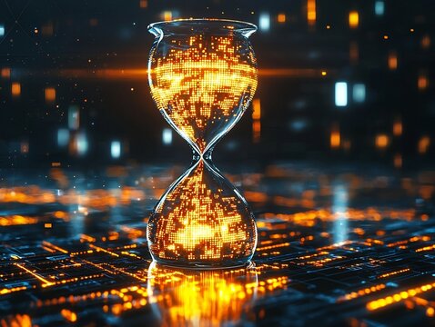 Futuristic Hourglass with Glowing Pixels Symbolizing Digital Time and Technological Progress - Powered by Adobe