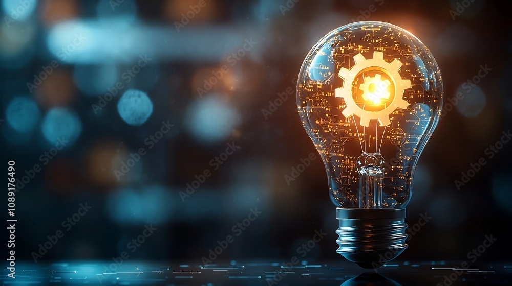 Poster glowing light bulb with gears and circuits symbolizing fusion of creativity and technology