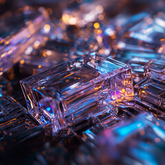 A high-detail 3D render of an abstract holographic glass shape, with vibrant, rich colors and soft light reflections; warm and enchanting atmosphere, capturing a mesmerizing visual effect