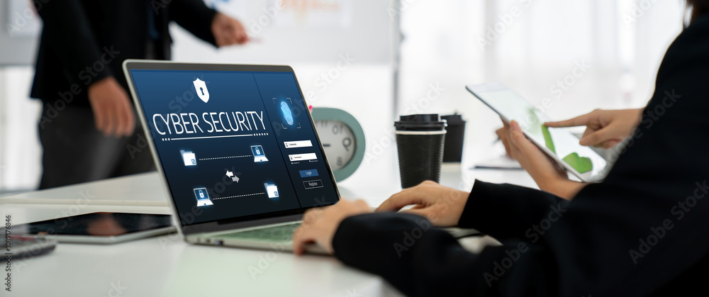 Poster cyber security system on computer screen protect private information snugly from hacker and cyber at