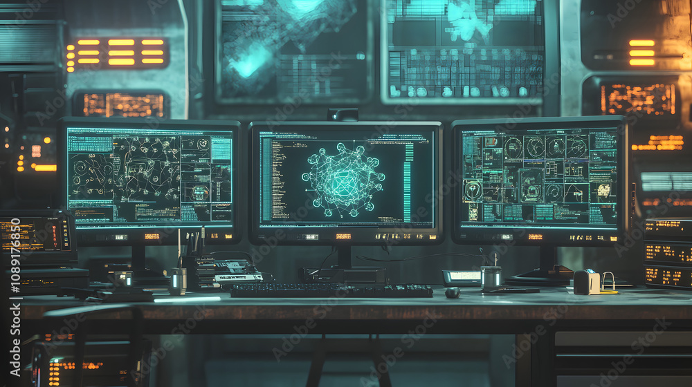 Poster a vintage computer desk with 90s-style monitors, rendered in 3d, overlaid with 2d graphics of ai neu