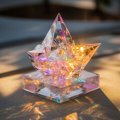 An abstract, high-detail glass 3D shape with holographic colors; warm, vibrant tones create an enchanting, dreamy feel with light shining off each angle