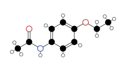 phenacetin molecule, structural chemical formula, ball-and-stick model, isolated image analgesic