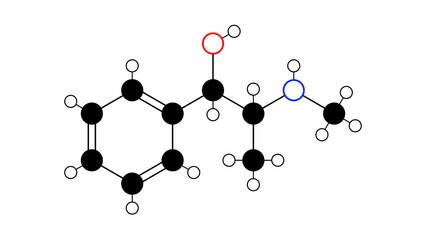 pseudoephedrine molecule, structural chemical formula, ball-and-stick model, isolated image sympathomimetic medication