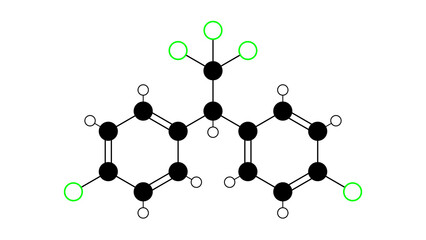 ddt molecule, structural chemical formula, ball-and-stick model, isolated image insecticide