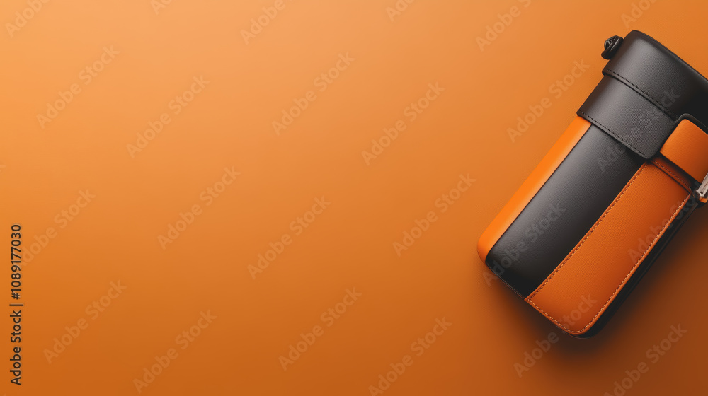 Poster handmade leather creation in 3d with smooth surface and gradients on an orange background, showcasin