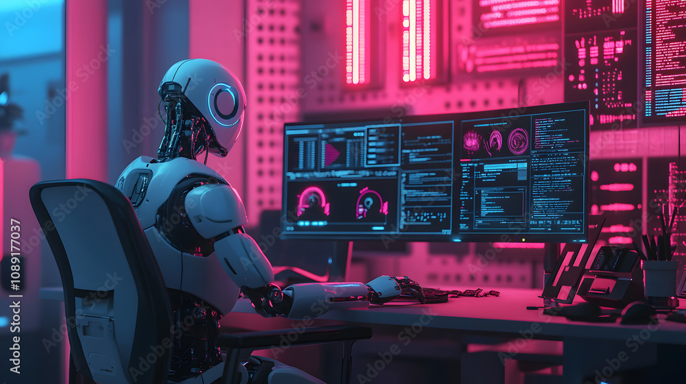 Poster A 3D-rendered robot working at a 90s-style desk, surrounded by 2D digital overlays of retro computer interfaces. 4k resolution, Cinematic Scene