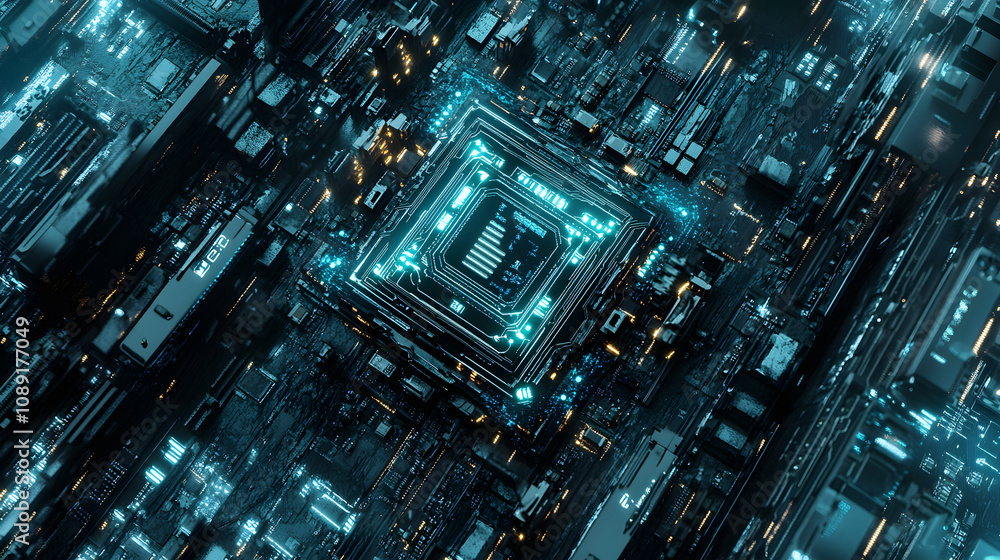 Poster A futuristic AI chip embedded in a 70s-themed computer motherboard, rendered in 3D with 2D glowing electrical patterns. 4k resolution, Cinematic Scene