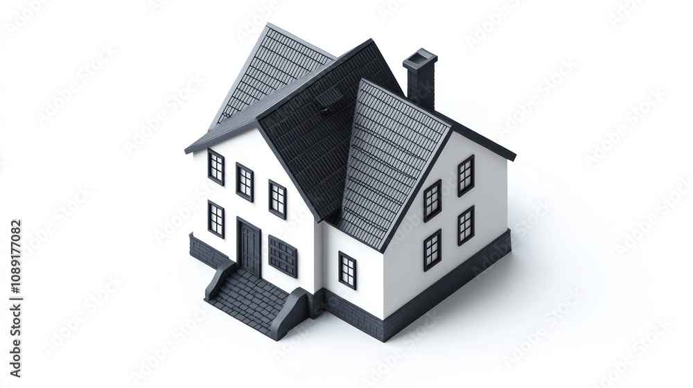 Poster A 3D model of a modern house with a black and white color scheme.