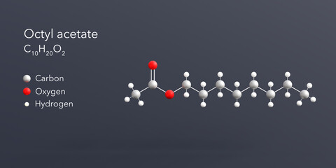 octyl acetate molecule 3d rendering, flat molecular structure with chemical formula and atoms color coding