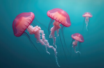 Fototapeta premium A serene group of pink jellyfish floats gracefully in the calm turquoise waters, their delicate tentacles trailing behind them like intricate lace