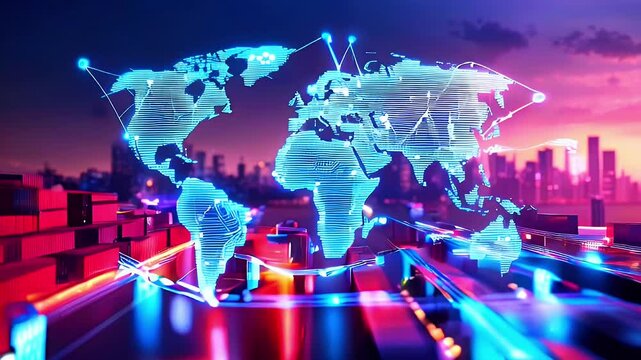 Global logistics network with glowing world map and cargo containers.
