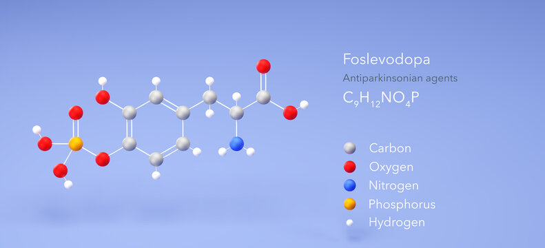 foslevodopa molecule, molecular structure, antiparkinsonian agents, 3d model, Structural Chemical Formula and Atoms with Color Coding