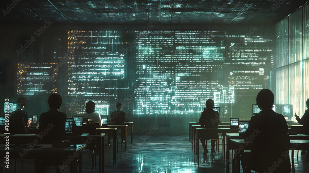 Aufkleber A vintage computer classroom in 3D, with students interacting with 2D holographic projections of AI programming code. 4k resolution, Cinematic Scene