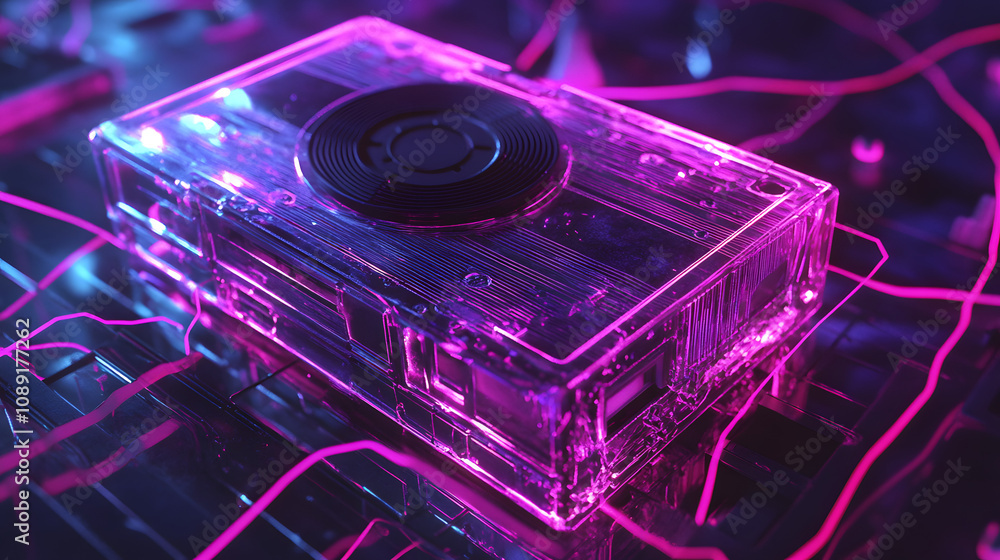 Poster a cassette player wired into an ai-powered device, rendered in 3d, with 2d neon effects of sound wav