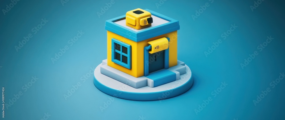 Poster a stylized, colorful building model with a door and window on a circular base.